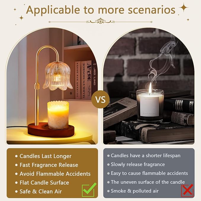 CRMILL Candle Warmer Lamp Electric Timer - Vintage Heater Candles Warming Height Adjustable Dimmable Warmers Flower Lamps No Flame Heat Warm Melt Wax Jar Modern Home