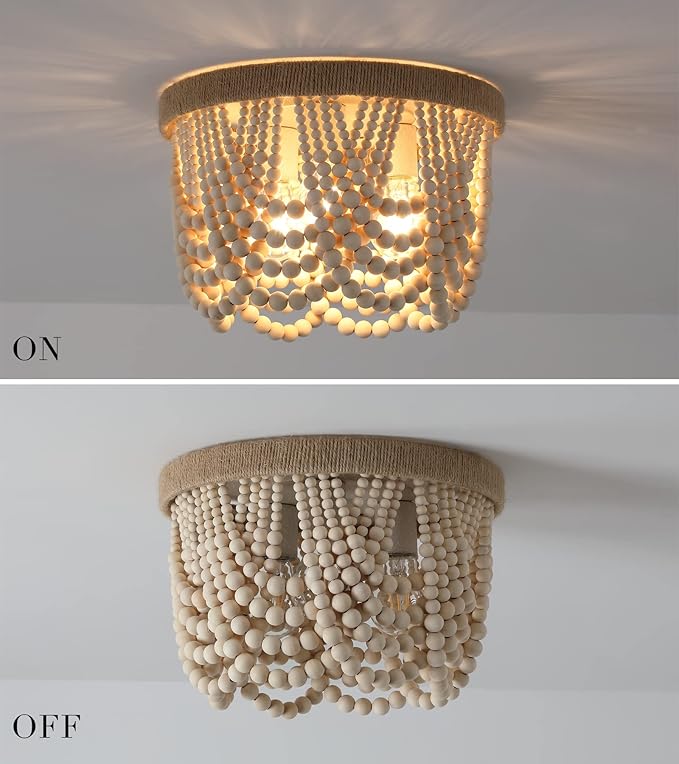 AMZASA Wood Beaded Flush Mount Ceiling Light Farmhouse Rustic Small Boho Chandelier Light Fixture for Bedroom Hallway Entryway Closet Kitchen Dining Room Living Room Nursery 3-Lights