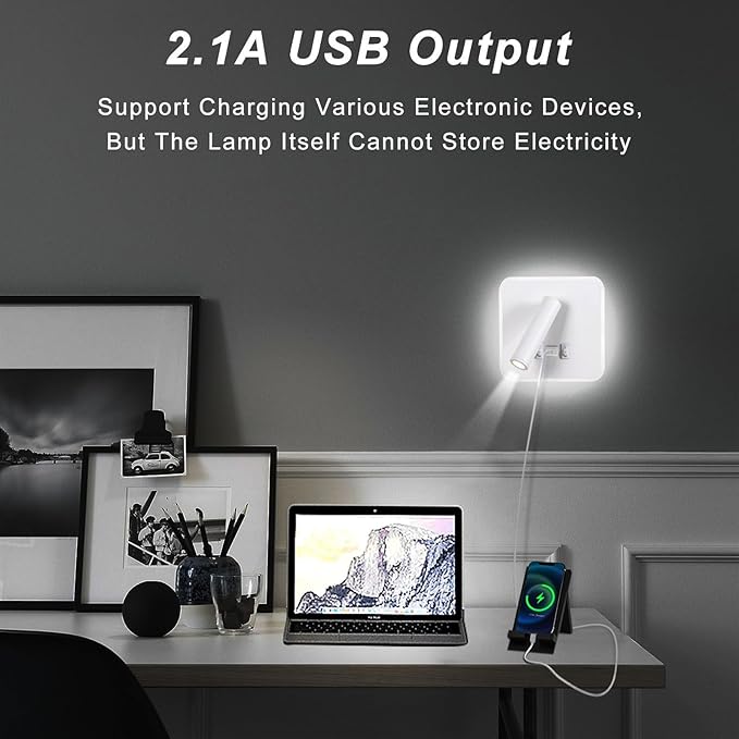 Kawell Indoor LED Wall Lamp with Switch Adjustable Bedside Wall Spotlight Modern LED Reading Wall Light with USB Charging Port for Bedroom Living Room Study Library, White(Cold White)
