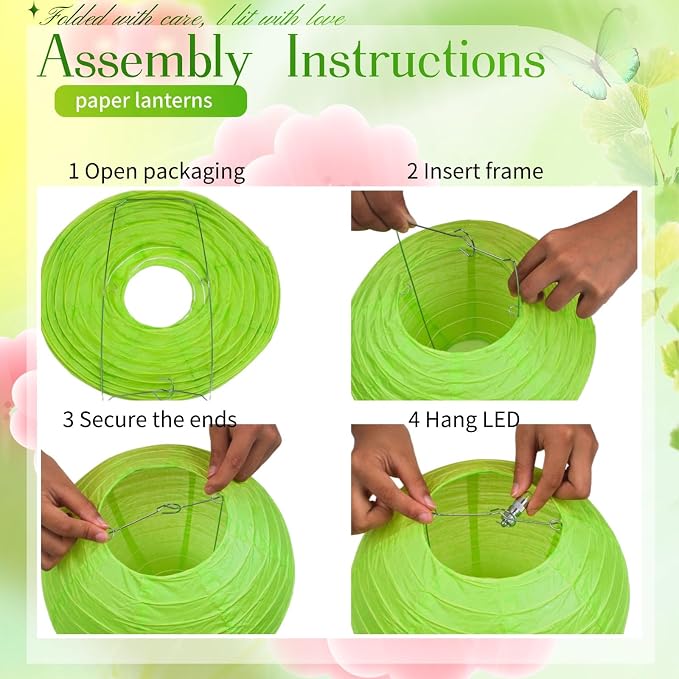 Green Chinese Paper Lanterns with LED Lights, 10-Pack 10inch