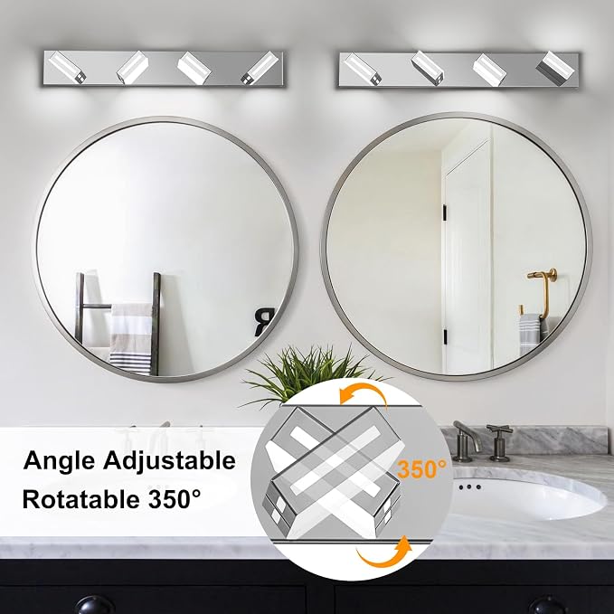 LED Modern Bathroom Light Fixtures, 4-Light 30-Inch Chrome Vanity Lights for Bathroom Lighting Fixtures Over Mirror, 6000K Cool White 350° Rotatable Wall Lamp