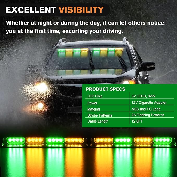 Nilight 32LED Amber Green Emergency Dash Strobe Lights with Controller | Suction Cups Warning Hazard Interior Front/Rear Windshield Deck Split Light Bar for Trucks Construction Vehicles