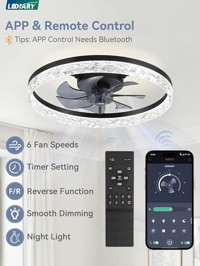LEDIARY 20" Modern Ceiling Fans with Lights and Remote, Black Fandelier | Dimmable Low Profile, Flush Mount Ceiling Fan, Stepless Color Temperature Change, 6 Speeds, Bedroom, Living Room, Kitchen