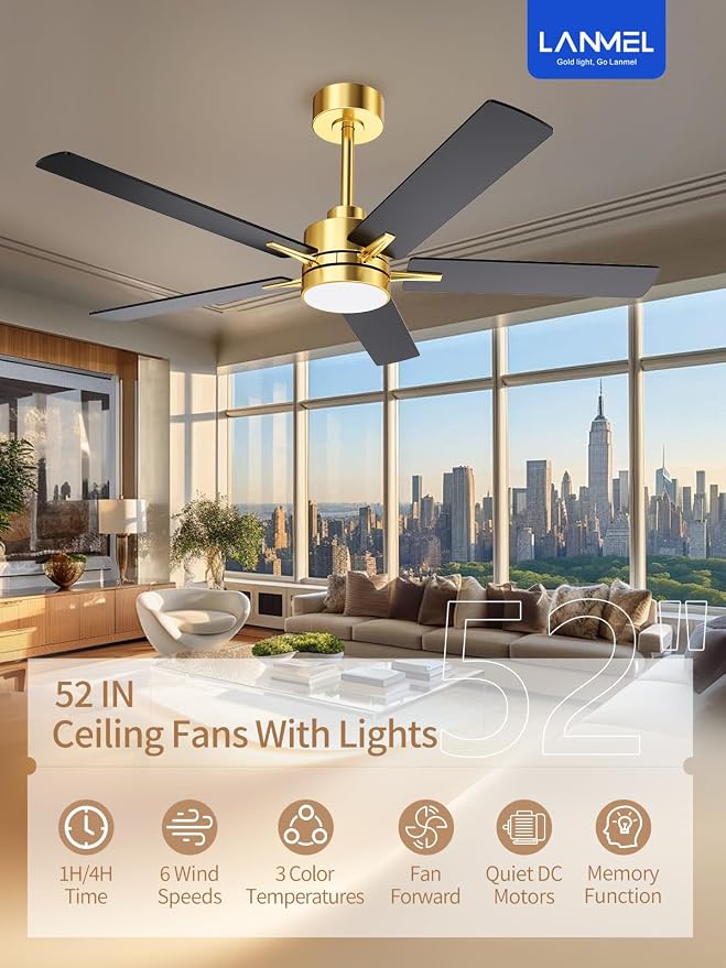 LANMEL Metal Ceiling Fan with Lights and Remote, 52 Inch, Gold & Black | Modern Low Profile Flush Mount, Reversible, 3CCT Dimmable, Quiet, LED, For Bedroom, Living Room, Indoor/Outdoor Patio Use