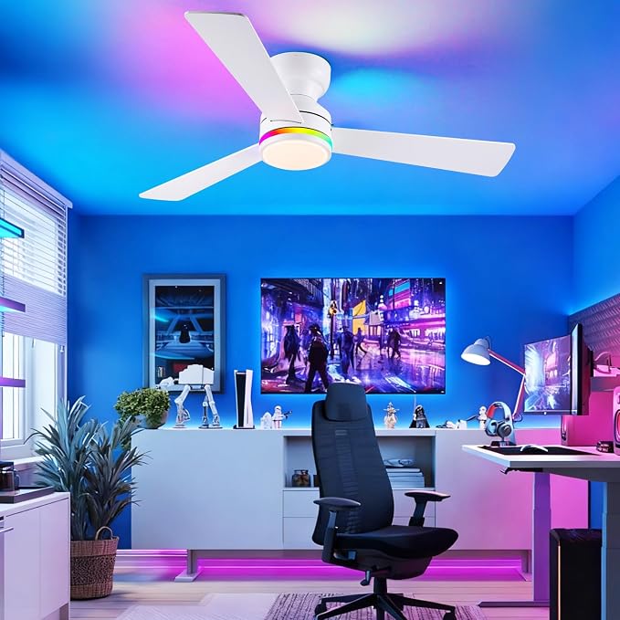 46" 3-Blade White Low Profile RGB Ceiling Fan with Light and Remote/APP | 11 RGB Modes,Reversible 6 Wind Speeds,Dimmable 3 CCT LED, 25W Quiet DC Motor,Timer,3 Double-Sided Blades,for Bedroom Party