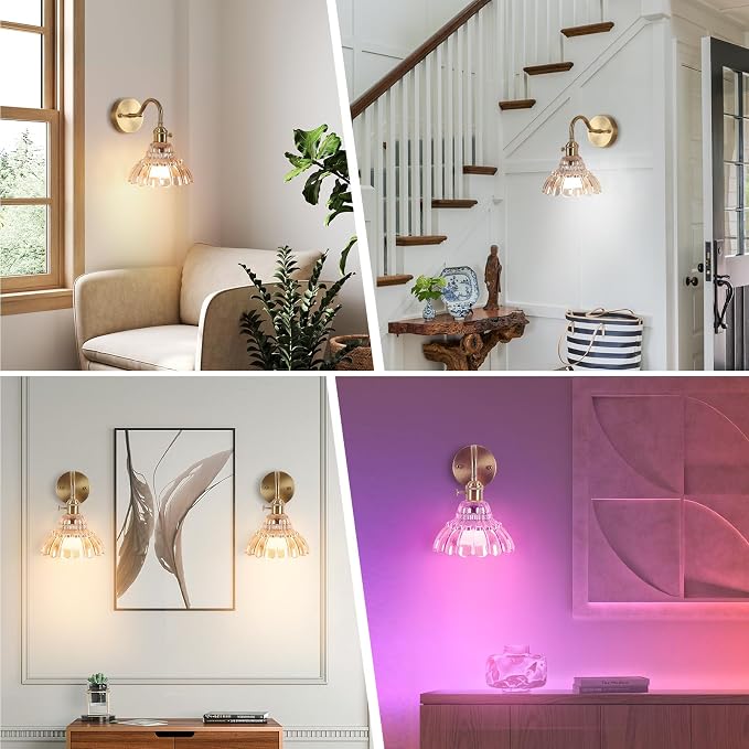 Vintage Battery Operated Wall Sconces Set Of Two, Indoor not Hardwired Brass Amber Glass Lampshade Fixtures,Rechargeable Wireless RGB Wall Lights with Dimmable Remote Control,for Bedroom Living Room