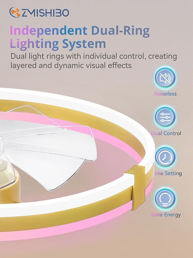 ZMISHIBO 23" RGB Low Profile Ceiling Fans with Lights and Remote, Gold | Custom RGB+3CCT Dimmable, 6 Speeds, Remote/App Control, Reversible DC Motor, Memory, Timer, Modern Fandelier for Kids/Bedroom