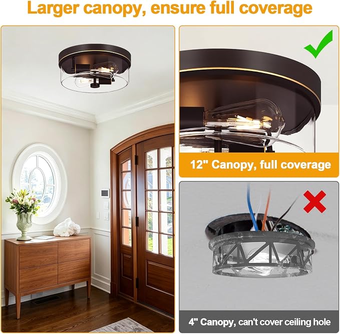 Flush Mount Ceiling Light Fixtures, 2-Light Oil Rubbed Bronze Ceiling Mount for Farmhouse with Clear Glass Lampshade, Industrial Flush Mount Light Fixture for Hallway, Kitchen, Entryway and Foyer