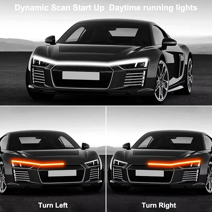 RGB Car LED Hood Light Strip for Cars, SUVs, Trucks, 70 Inches | 12V, Flexible Waterproof, Daytime Running Lights, Dynamic Scan Start-up Effect, with Turn Signal & Remote Control, Universal