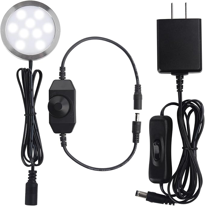 Under Cabinet Lighting, Single LED Puck Light for Kitchen Counter Cabinet Closet Accent Lighting, Rotary Dimmer Switch, 120VAC Plug in, Black Cord, Cool White