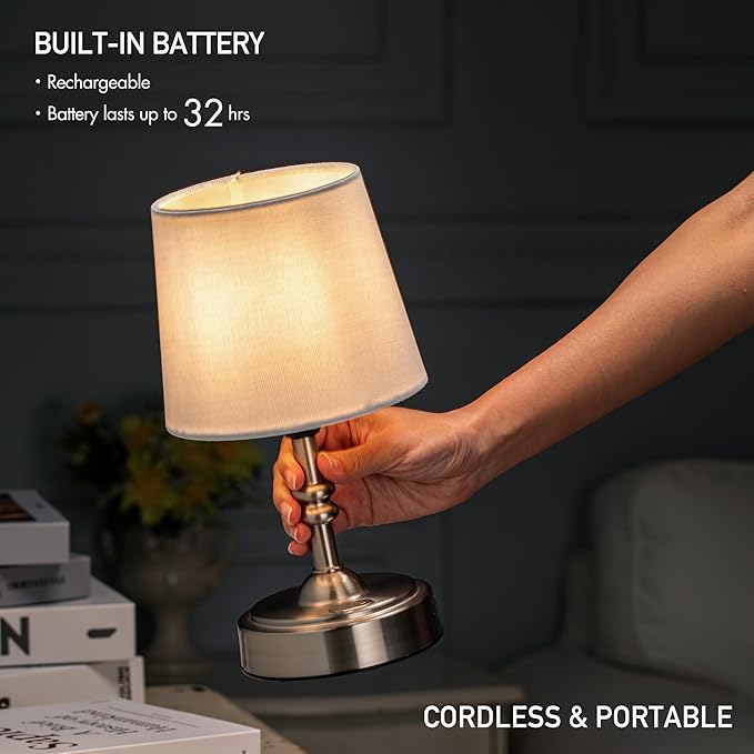 O’Bright Seraph mini – Cordless LED Table Lamp with Dimmer, Built-in Rechargeable Battery, 3-Level Brightness, Patio Table Lamp, Bedside Night Lamp, Ambient Light for Restaurant, Brushed Nickel