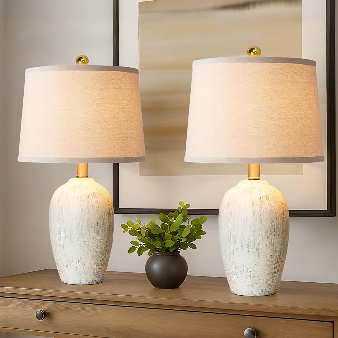 AIEAMPDO 21'' Set of 2 Rustic Ceramic Small Table Lamps for Bedroom | Farmhouse Vintage Nightstand Lamps for Living Room Office Entryway End Table, 2 Bulbs Included