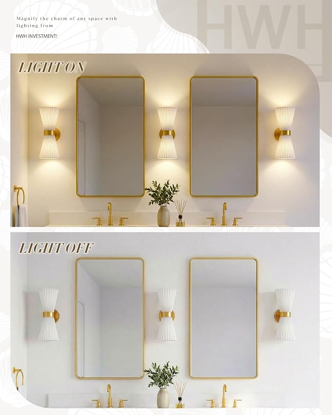 Gold Sconce Wall Lighting, HWH Single Wall Vanity Light Fixture for Living Room, Bathroom Wall Sconces with Milk White Striped Fabric Shade, Brushed Gold Finish, 5HZG97B-2W BG-FB