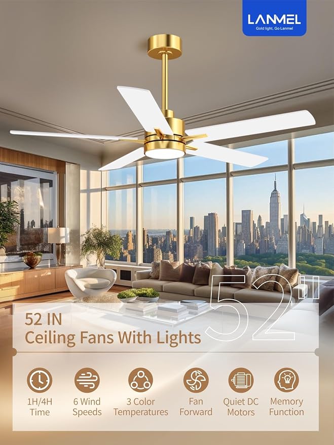 LANMEL Metal Ceiling Fan with Lights and Remote, 52 Inch, Gold & White | Modern Low Profile Flush Mount, Reversible, 3CCT Dimmable, Quiet, LED, For Bedroom, Living Room, Indoor/Outdoor Patio Use