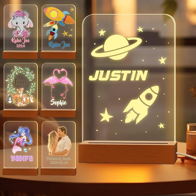 Personalized Night Light for Kids Custom Engraved Name Acrylic LED Lights with Wood Base for Nursery Bedroom Decor Night Lamp, Customized Birthday Gifts for Boy,Planet