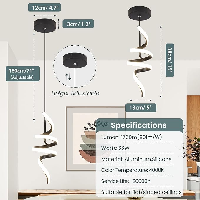 4000K Modern Pendant Light, 15IN Spiral LED Pendant Lights Adjustable Height Black Kitchen Island Fixtures Chandeliers for Dining Room Hanging Lights, 1 Pack
