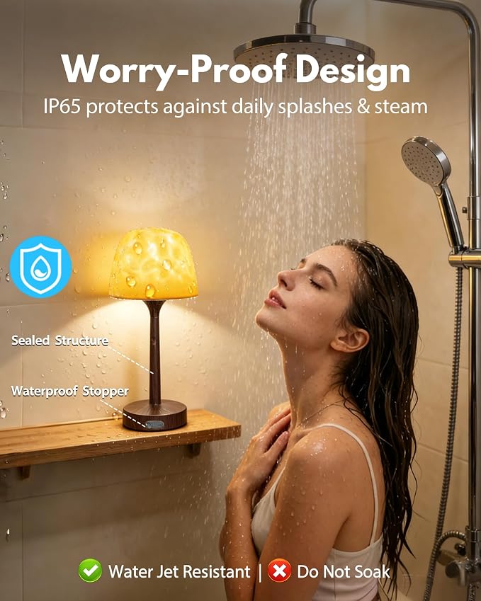 Shower Lamp - Waterproof Bathroom Lamp with 16 Color Ocean Wave Projector, Cordless Light for Inside Shower/Bathtub Bedroom Living Room Kitchen Decor (Walnut Grain)