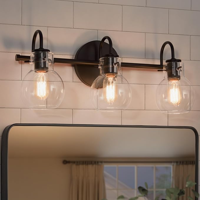 KSANA Black Bathroom Light Fixtures, 3-Light Modern Farmhouse Black Vanity Light with Clear Glass Shade Over Mirror for Hallway, Kitchen, Bedroom, and Living Room