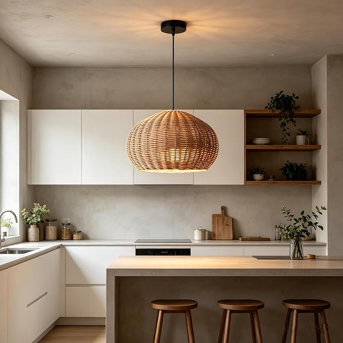 Large 19.6“ Rattan Chandelier Boho Wicker Pendant Lights Kitchen Island | Woven Chandeliers Rustic Farmhouse Ceiling Hanging Lamp Black E26 Adjustable for Dining Room Over Table Stairwell Cabinets