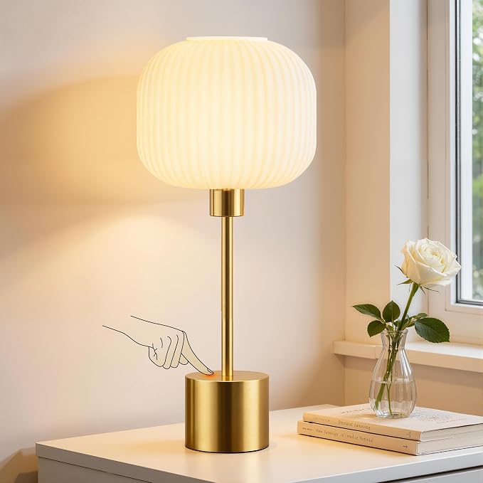 QiMH Glass Table Lamp for Living Room, Modern Bedside Lamp with Gream Ribbed Glass Shade, 3-Way Dimmable Touch Control Nightstand Lamp for Bedroom, Brushed Gold (2700K LED Bulb Included)