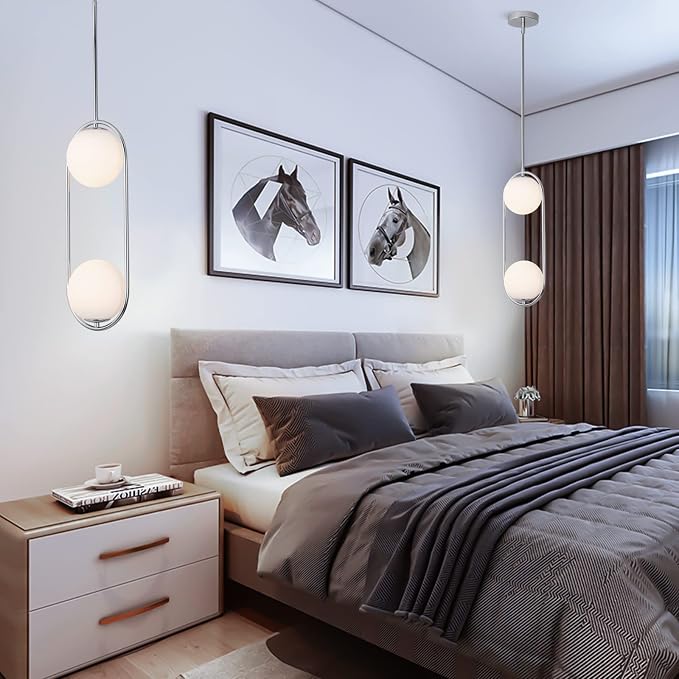 SeeU Chrome Pendant Lighting Mid Century Pendant Light Fixture Hanging Lighting Fixture with White Globe Glass Lampshade Pendant Chandelier for Kitchen Island Dining Room Bedroom