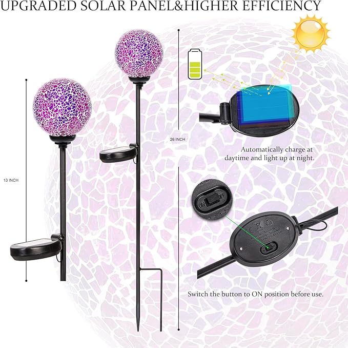 VCUTEKA Decorative Solar Garden Lights, 3.5" Mosaic Globe Outdoor Stake | Mosaic Glass Globe Design, Solar LED Light, Waterproof Design, Auto On/Off and Metal Stake Design for Lawn and Patio