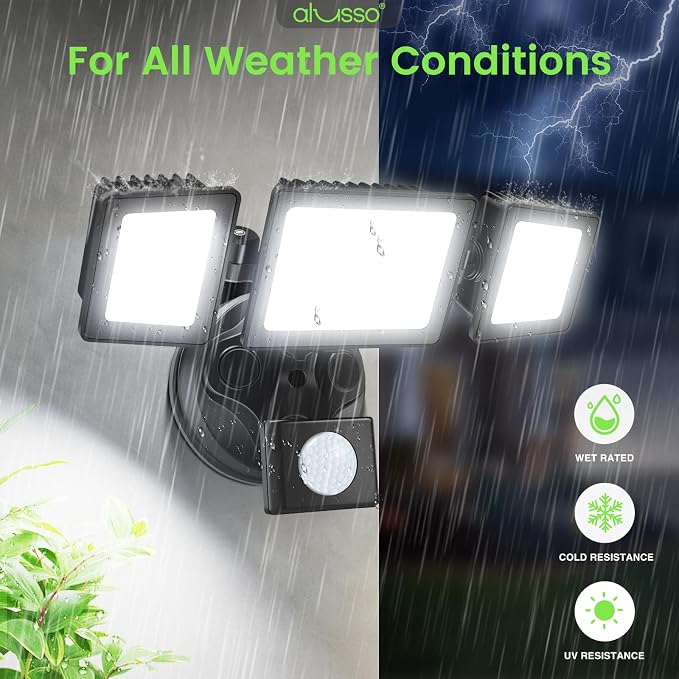 LED Security Lights Motion Sensor, 36W 3000LM Flood Lights Outdoor Motion Sensor with Remote, Dimmable Brightness 3000K-6000K CCT IP65 3 Heads Outdoor Security Light for House Garage Yard 1 Pack