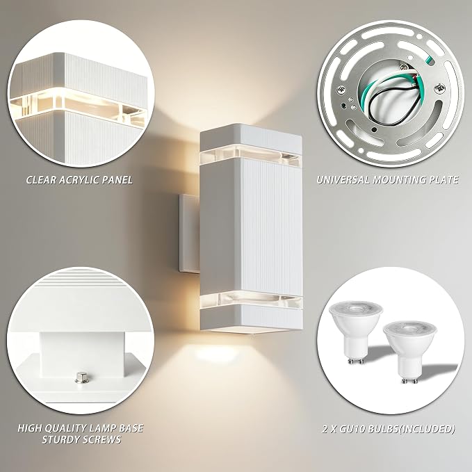 JYV Square Outdoor Wall Lights, Up and Down Porch Lights, White 2 Pack | Aluminum Exterior Lighting Fixtures with 2 * 7W Bulbs 3000K, Waterproof Outdoor Sconces Wall Lighting, for House Porch Garage