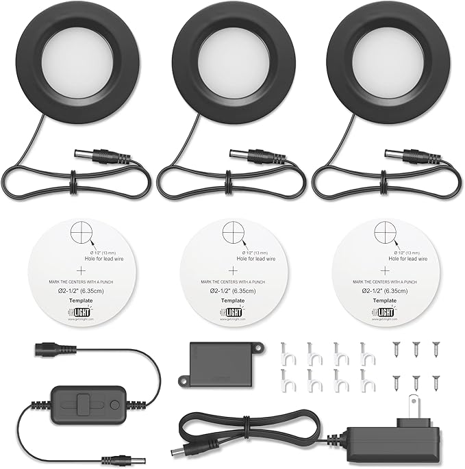 Getinlight 2.75" Under Cabinet LED Puck Lights Kit, Plug-in 12V Set with in-Line Dimmer, 3000K Warm White, Recessed or Surface Mount, ETL Listed, 3-Pack, IN-0102-3-BK