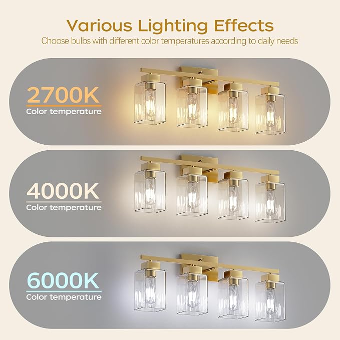 4-Light Bathroom Light Fixtures, Brushed Gold Modern Vanity Lights, Bathroom Lighting Fixtures Over Mirror, Square Design Farmhouse Wall Sconces with Clear Glass Shades