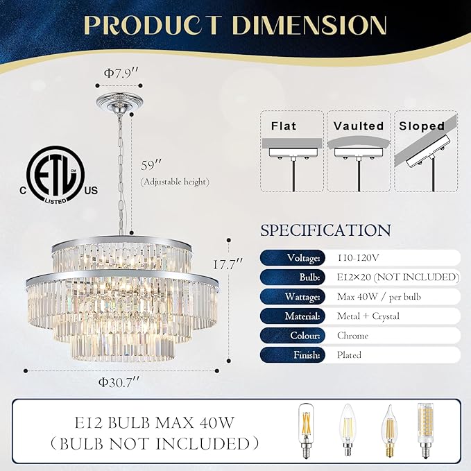 31" Modern Chrome Crystal Chandeliers 20 Lights Luxury 4-Tier K9 Crystal Light Fixture Large Round Ceiling Pendant Light for Foyer Staircase Living Room Dining Room