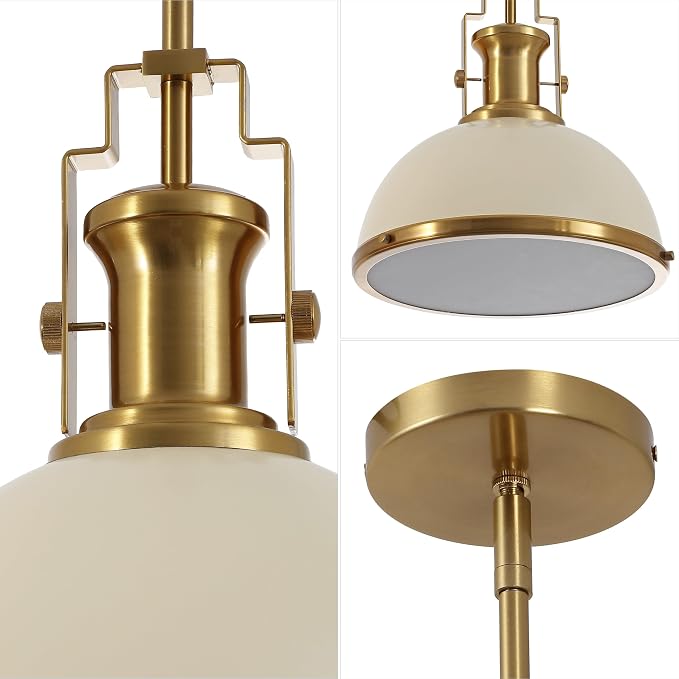 JONATHAN Y Homer Industrial Dome Pendant 13", Almond/Brass Gold | 1-Light, Farmhouse Style, Adjustable Hanging Height, Glass Diffuser, Sloped Ceiling Compatible, Metal, LED Bulb Included