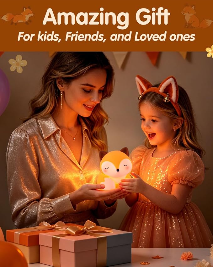 YISUN Fox Silicone LED Night Light, 3 Level Dimmable Kids Room Nursery Lamp | Soft Squishy, Rechargeable Bedside Touch Light, Novelty Animal Lamp for Boys Girls Toddlers