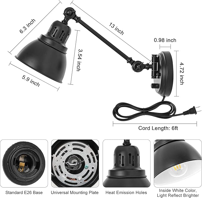 Plug in Wall Sconces Set of 2, ENCOMLI Wall Sconce Lighting with Dimmable On Off Switch, Swing Arm Wall Lamp, Black Metal Industrial Wall Light Fixtures, Safety E26 Base, 6FT Plug in Cord
