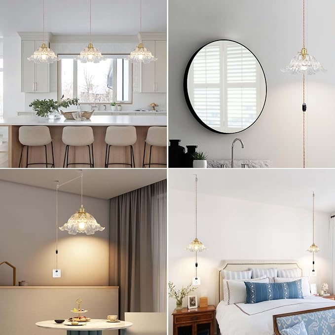 Plug in Pendant Light Fixtures,Hanging Light Fixture Flower Transparent Glass Pendant Light 11 inch E26 Pendant Lighting for Kitchen Island, Bedroom, Dining Room, Living Room