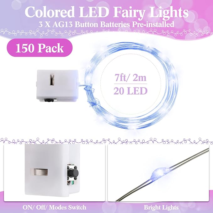 150 Pack LED Fairy Lights Colored Battery Operated String 3 Speed Modes 7 ft 20 LED Starry Wedding Decoration Waterproof Wire Twinkle Light for DIY Jar Bedroom Party Supplies (Multi Color)