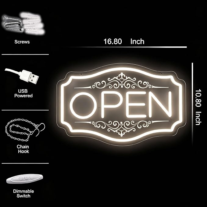 Open Sign for Business, LED Open Neon Sign USB Powered | 16.5" x 10.5" Open Neon Sign for Store, Hotel, Restaurant, Cafe, Bar and Party Decor