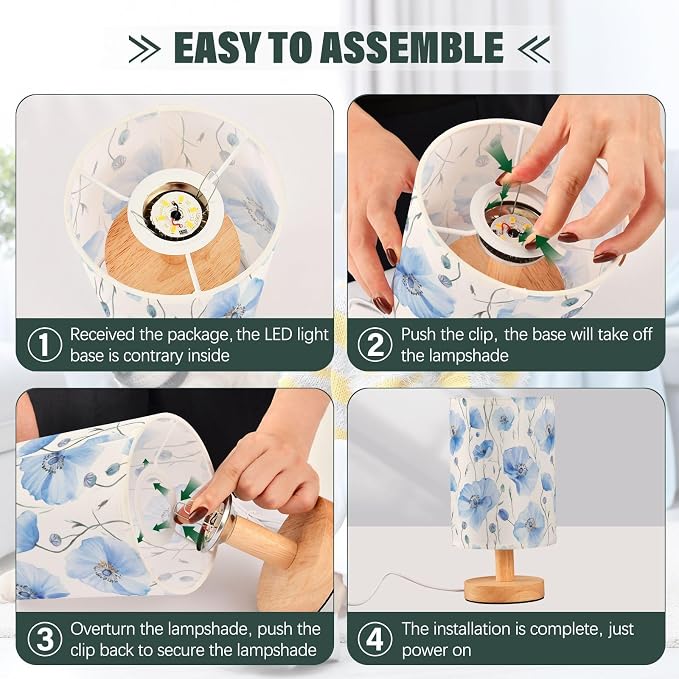 Light Blue Poppy Flowers Blue and White Bedside Table Lamps with USB Port for Bedroom Lamp Accent Table Lamp Small Nightstand Lamp Sturdy Linen Shade Wooden Decorative Lamps for Office Dorm Home