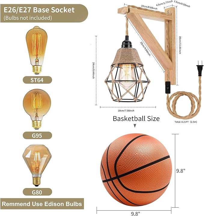 Frideko Plug in Wall Sconce Boho Farmhouse Hanging Wall Lamp with Plug in Cord, Wall Light with Wood Shelf Bracket for Bedroom Living Room Apartment RV Camper(Orange)