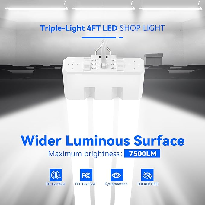 JESLED 4FT LED Shop Lights, 4000K/5000K/6500K Selectable, 30W/40W/50W Adjustable, 5400-7500LM, Commercial Linkable Utility LED Light for Garage, Plug and Play, Ceiling & Suspension Mount, ETL,4P