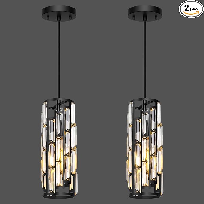 Black Pendant Lights Kitchen Island 2 Pack, Mini Crystal Chandeliers, Modern Pendant Lights Ceiling Lighting Fixtures for Kitchen Island, Dinning Room, Bedroom