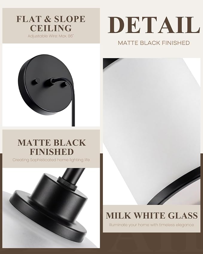 Beionxii Pendant Light Fixtures 2 Pack,Milk Glass Pendant Lights Kitchen Island, Farmhouse Pendant Lighting,Modern Hanging Pendant Lights Over Island for Dining Room Bedroom Entryway Sink,BX-PL02MB-2
