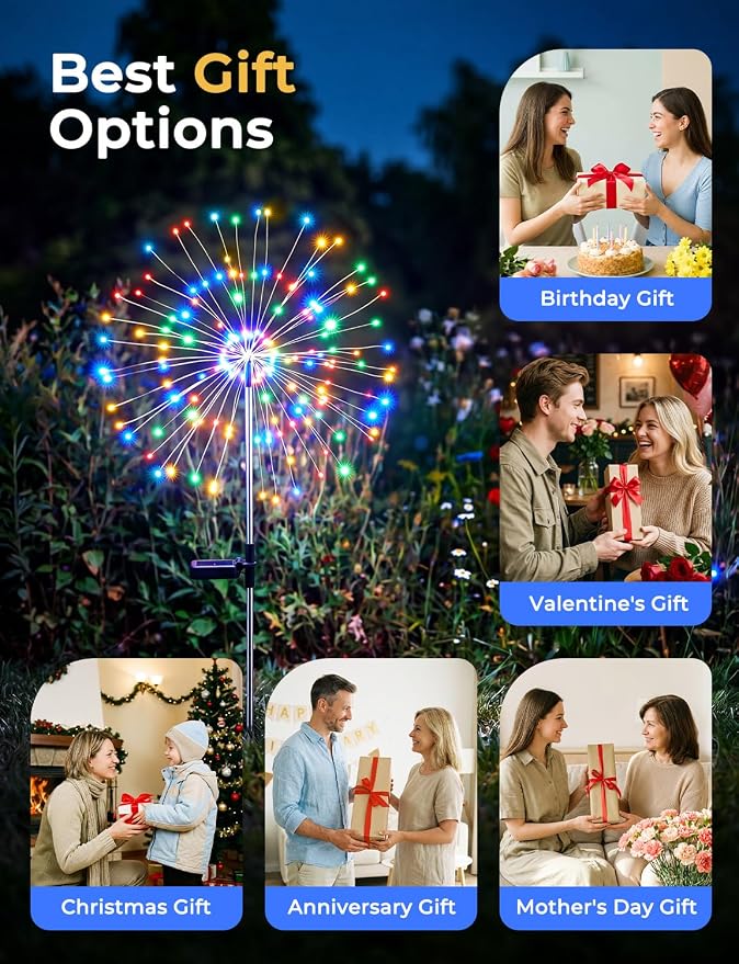 Multicolor Solar Lights Outdoor, 2 Pack 180LED Solar Garden Lights for outside, 8 Modes Firework Fairy light for Yard Pathway 4th of July Carnival Juneteenth Christmas Decor, Red/Yellow/Blue/Green | Red/Yellow/Blue/Green, 8 Modes Firework Fairy Light, ...