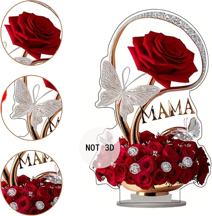 Rose Flower Ornament 2D Flat Acrylic Tabletop Present with Floral Butterfly Designs DIY Crafts Mothers Day Present Home and Office Desktop Ornaments Decorations Supplies