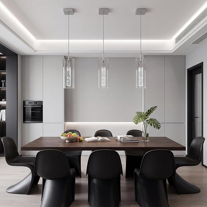 Pendant Lights Kitchen Island, 3 Pack 6500K LED Kitchen Lighting Crystal Island Light with Bubble Glass, Nickel Kitchen Hanging Light Fixture Modern Pendant Ceiling Light Fixture
