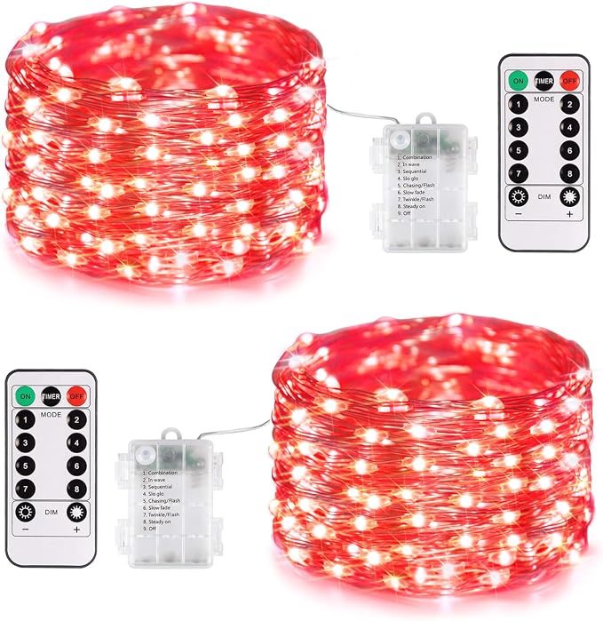 JMEXSUSS 2 Pack Red Fairy Lights Battery Operated, Total 200 LED 66ft | Halloween String Lights with Remote, Red Lights for Bedroom Wreath Mantle Tree Fence Indoor Outdoor Fall Xmas Halloween Decor