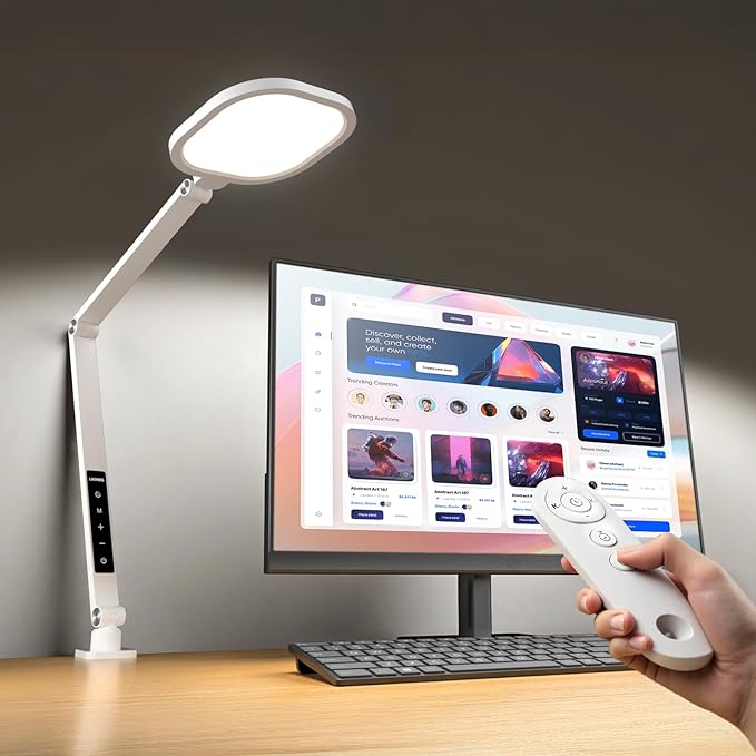 Led Desk Lamp with Clamp, 2000LM Dimmable Home Office Desktop Light, 3000k-6500k Adjustable Swing Arm Ring Light for Video Conference, Study, Reading, Zoom Calls, Streaming (White)