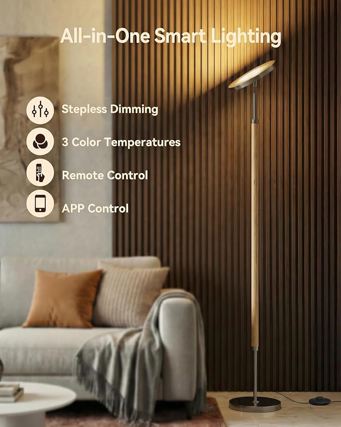 Wood LED Torchiere Floor Lamp with Remote, 3000LM Dimmable | 69" Tall Uplight, 3000K-6500K Color Temperature, 1-Hour Timer, Eye-Caring Lighting, For Living Room, Bedroom & Office
