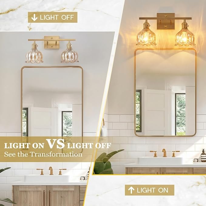 2-Light Amber Tulip Glass Vanity Light, Brushed Gold Vintage Bathroom Wall Sconce, 14.5" Antique Brass Wall Lamp for Mirror, Powder Room, Bedroom (Individual Rotary Switches, Bulbs Not Included)