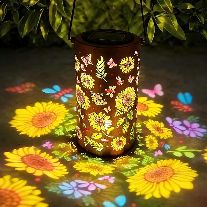 Colorful Solar Lanterns Outdoor Waterproof, Garden Decor Gifts for Women Mom Grandma - LED Colorful Sunflower Solar Powered Lights Metal Hanging Lantern for Outside Garden Patio Yard Lawn Porch Decor